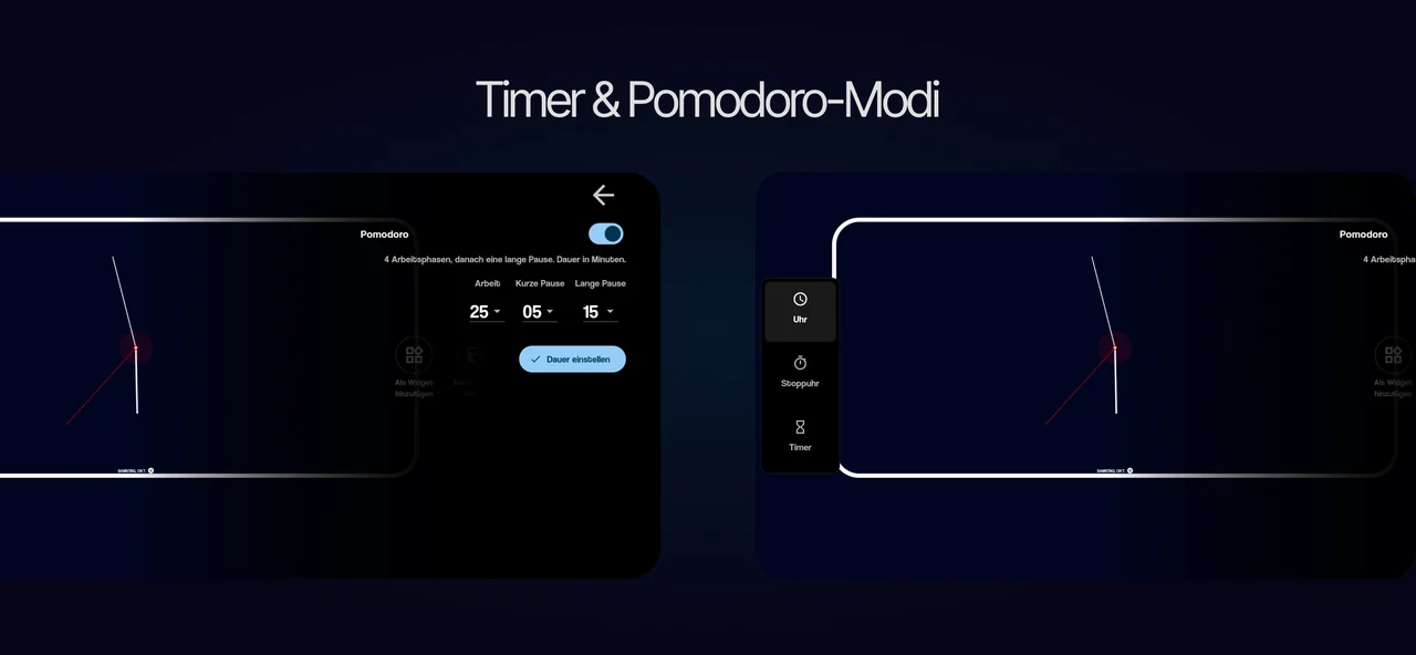 Timer- und Pomodoro-Einstellungen neben einer analogen Uhr in der Android-App