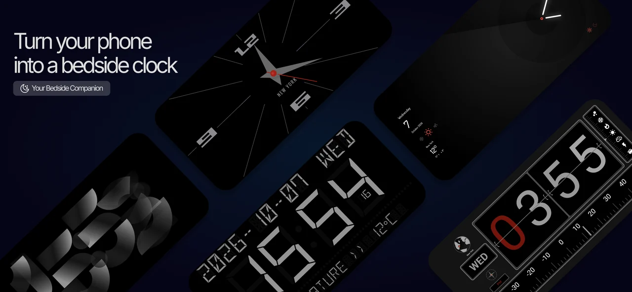 Android clock previews with large digital numerals and analog clock faces