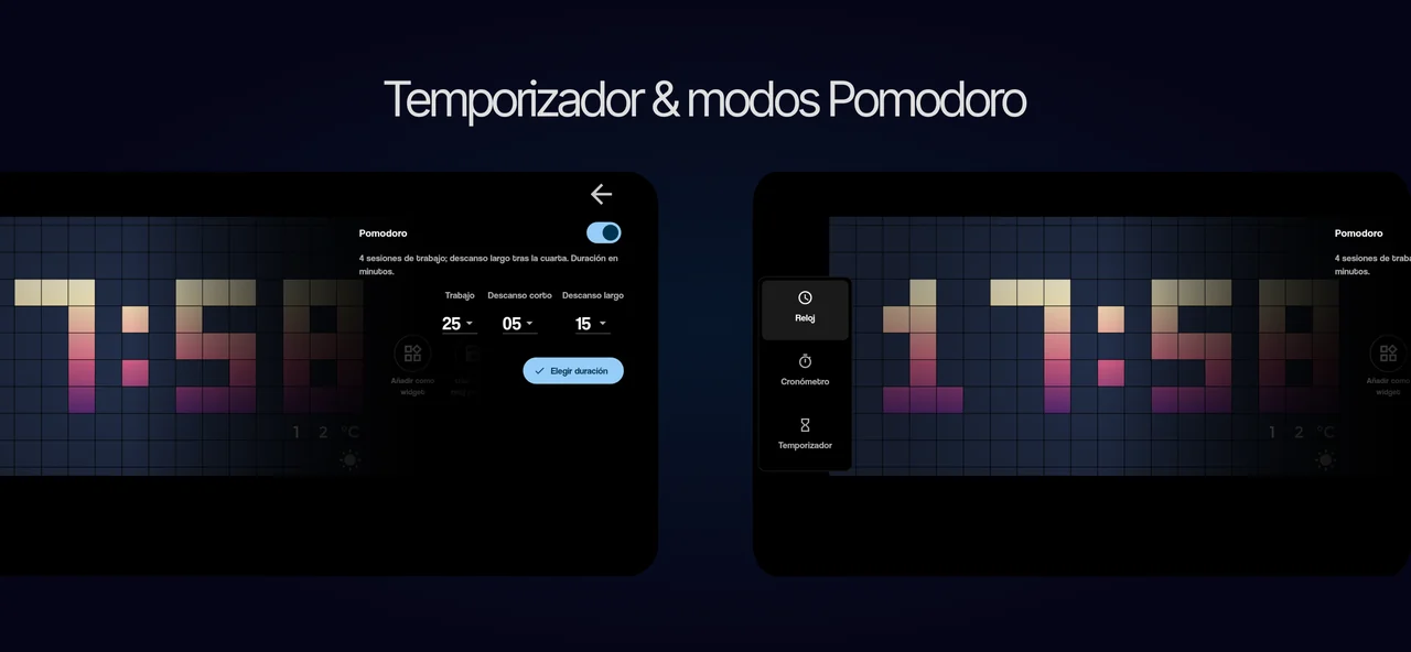 Controles de temporizador y Pomodoro junto a un reloj analógico en Android