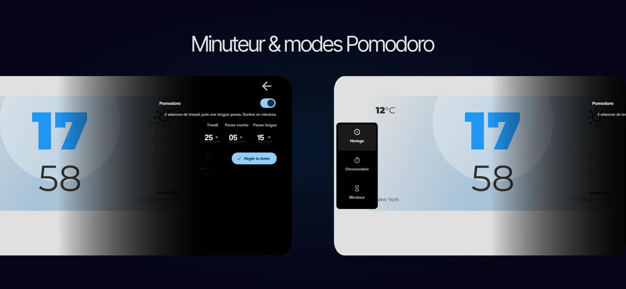 Commandes du minuteur et du Pomodoro à côté d’une horloge analogique sur Android