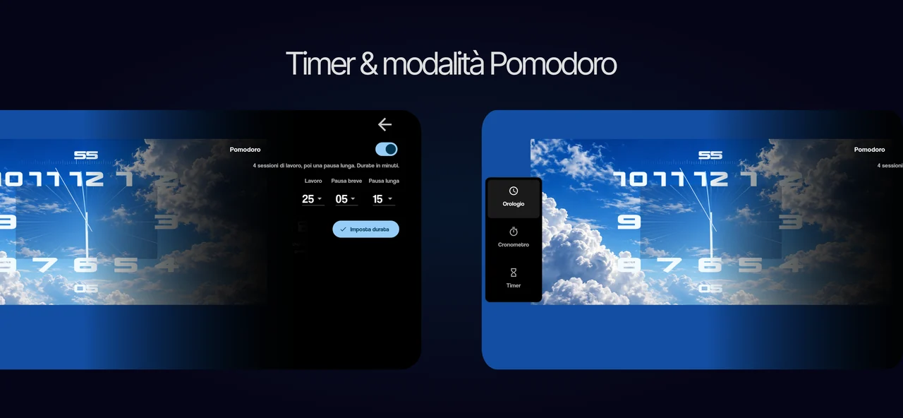 Controlli Timer e Pomodoro accanto a un orologio analogico su Android