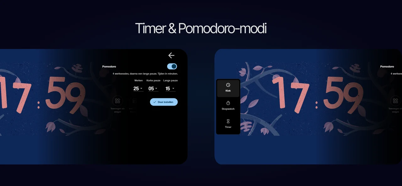 Timer- en Pomodoro-instellingen naast een analoge klok in Android